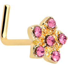 Load image into Gallery viewer, 20G 7mm Pink Gem Gold Tone Texture Star Flower L Shape Nose Ring