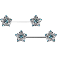 Load image into Gallery viewer, 14G 9/16 Blue Clear Gem Opulent Flowers Barbell Nipple Ring Set