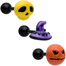 Load image into Gallery viewer, 16G 1/4 Black Skull Pumpkin Cartilage Tragus Earring Set of 3