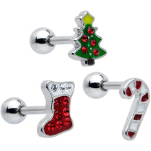 Load image into Gallery viewer, 16G 1/4 Clear Gem Stocking Candy Cane Cartilage Earring Set of 3