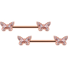 Load image into Gallery viewer, 14G 9/16 Clear Gem Rosy Tone Baroque Butterfly Nipple Ring Set
