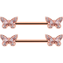 Load image into Gallery viewer, 14G 9/16 Clear Gem Rosy Tone Baroque Butterfly Nipple Ring Set