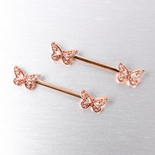 Load image into Gallery viewer, 14G 9/16 Clear Gem Rosy Tone Baroque Butterfly Nipple Ring Set