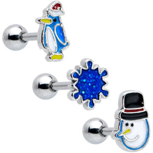 Load image into Gallery viewer, 16G 1/4 Penguin Snowman Holiday Blue Cartilage Earring Set of 3