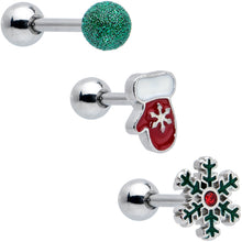 Load image into Gallery viewer, 16G 1/4 Red Gem Mitten Snowflake Cartilage Tragus Earring Curation Set of 3