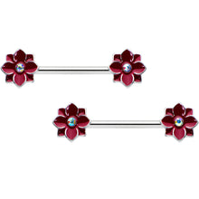 Load image into Gallery viewer, 14G 9/16 Aurora Gem Poinsettia Flower Barbell Nipple Ring Set