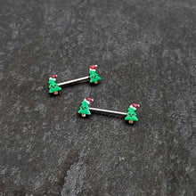 Load image into Gallery viewer, 14G 9/16 Happy Christmas Tree Hat Barbell Nipple Ring Set