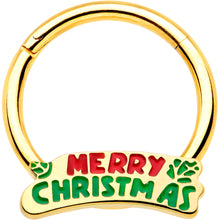 Load image into Gallery viewer, 16G 3/8 Gold Tone Merry Christmas Inlay Hinged Segment Ring