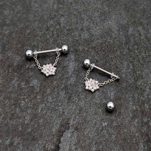 Load image into Gallery viewer, 14G 9/16 Pink Clear CZ Gem Snowflake Chain Dangle Nipple Ring Set