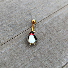 Load image into Gallery viewer, Clear Red Gem Gold Tone Bow Tie Penguin Holiday Belly Ring