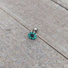 Load image into Gallery viewer, 16G 1/4 Blue Gem Flower Teal Petals Cartilage Tragus Earring
