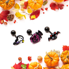 Load image into Gallery viewer, 16G 1/4 Black Halloween Skull Bat Reaper Cartilage Earring Set of 3
