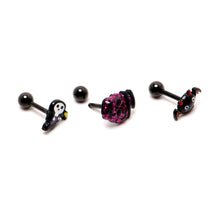 Load image into Gallery viewer, 16G 1/4 Black Halloween Skull Bat Reaper Cartilage Earring Set of 3
