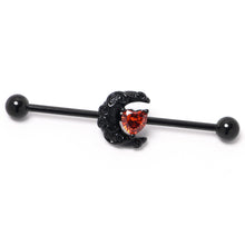 Load image into Gallery viewer, 14G Red CZ Gem Black Scroll Moon Heart Industrial Barbell 38mm