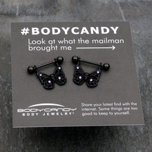 Load image into Gallery viewer, 14G 11/16 Purple CZ Gem Black Skull Butterfly Dangle Nipple Ring Set