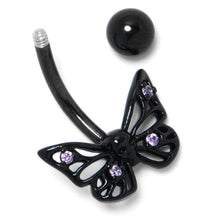 Load image into Gallery viewer, Purple CZ Gem Black Skull Butterfly Belly Ring