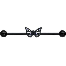 Load image into Gallery viewer, 14G Purple CZ Gem Black Skull Butterfly Industrial Barbell 38mm