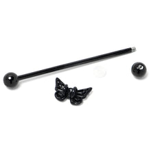 Load image into Gallery viewer, 14G Purple CZ Gem Black Skull Butterfly Industrial Barbell 38mm