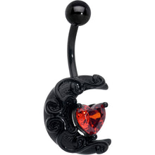 Load image into Gallery viewer, Red CZ Gem Black Scroll Moon Heart Belly Ring