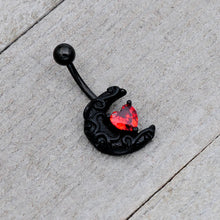 Load image into Gallery viewer, Red CZ Gem Black Scroll Moon Heart Belly Ring