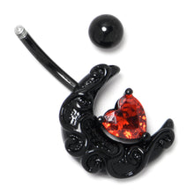 Load image into Gallery viewer, Red CZ Gem Black Scroll Moon Heart Belly Ring