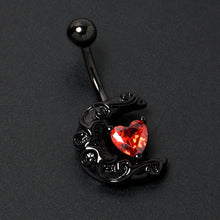 Load image into Gallery viewer, Red CZ Gem Black Scroll Moon Heart Belly Ring