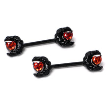 Load image into Gallery viewer, 14G 9/16 Red CZ Gem Black Scroll Moon Heart Barbell Nipple Ring Set