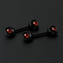 Load image into Gallery viewer, 14G 9/16 Red CZ Gem Black Scroll Moon Heart Barbell Nipple Ring Set