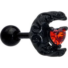 Load image into Gallery viewer, 16G 1/4 Red CZ Gem Black Scroll Moon Heart Cartilage Tragus Earring