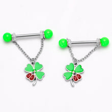 Load image into Gallery viewer, 14G 11/16 Ladybug Shamrock UV Glow Chain Dangle Nipple Ring Set