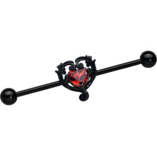 Load image into Gallery viewer, 14G Red CZ Gem Black Passion Heart Industrial Barbell 38mm