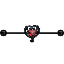 Load image into Gallery viewer, 14G Red CZ Gem Black Passion Heart Industrial Barbell 38mm