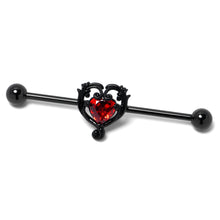 Load image into Gallery viewer, 14G Red CZ Gem Black Passion Heart Industrial Barbell 38mm