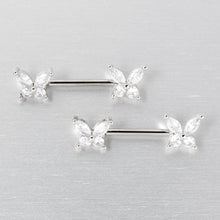 Load image into Gallery viewer, 14G 9/16 Clear CZ Gem Butterflies Barbell Nipple Ring Set