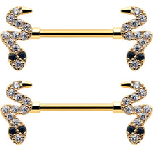 Load image into Gallery viewer, 14G 9/16 Clear Black CZ Gem Gold Tone Sexy Snakes Nipple Ring Set