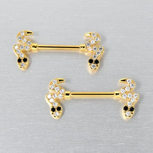 Load image into Gallery viewer, 14G 9/16 Clear Black CZ Gem Gold Tone Sexy Snakes Nipple Ring Set