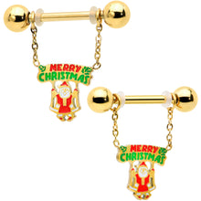 Load image into Gallery viewer, 14G 9/16 Gold Tone Santa Merry Christmas Dangle Nipple Ring Set