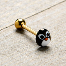 Load image into Gallery viewer, Gold Tone Round Holiday Penguin Face Barbell Tongue Ring