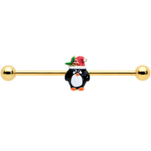 Load image into Gallery viewer, 14G Gold Tone Holly Hat Penguin Holiday Industrial Barbell 38mm