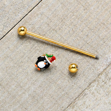 Load image into Gallery viewer, 14G Gold Tone Holly Hat Penguin Holiday Industrial Barbell 38mm