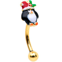 Load image into Gallery viewer, 16G 5/16 Gold Tone Holly Hat Penguin Holiday Curved Eyebrow Ring