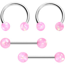 Load image into Gallery viewer, 14G 3/8 9/16 Pink Faux Opal Horseshoe Barbell Nipple Ring Set of 4