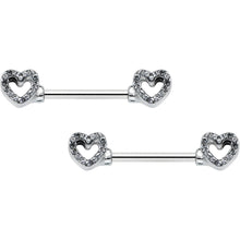 Load image into Gallery viewer, 14G 9/16 Clear Gem Open Heart Valentine Barbell Nipple Ring Set