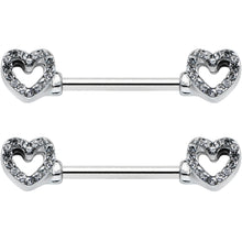 Load image into Gallery viewer, 14G 9/16 Clear Gem Open Heart Valentine Barbell Nipple Ring Set