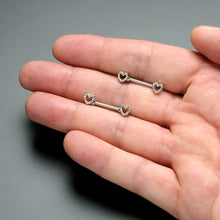 Load image into Gallery viewer, 14G 9/16 Clear Gem Open Heart Valentine Barbell Nipple Ring Set