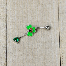 Load image into Gallery viewer, Green Gem Shamrock Ladybug St Patricks Dangle Belly Ring