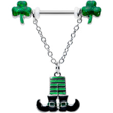 Load image into Gallery viewer, 14G 11/16 Leprechaun Legs Shamrock Chain Dangle Nipple Ring Set