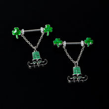 Load image into Gallery viewer, 14G 11/16 Leprechaun Legs Shamrock Chain Dangle Nipple Ring Set