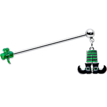 Load image into Gallery viewer, 14G Leprechaun Legs Shamrock Dangle Industrial Barbell 38mm