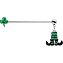 Load image into Gallery viewer, 14G Leprechaun Legs Shamrock Dangle Industrial Barbell 38mm